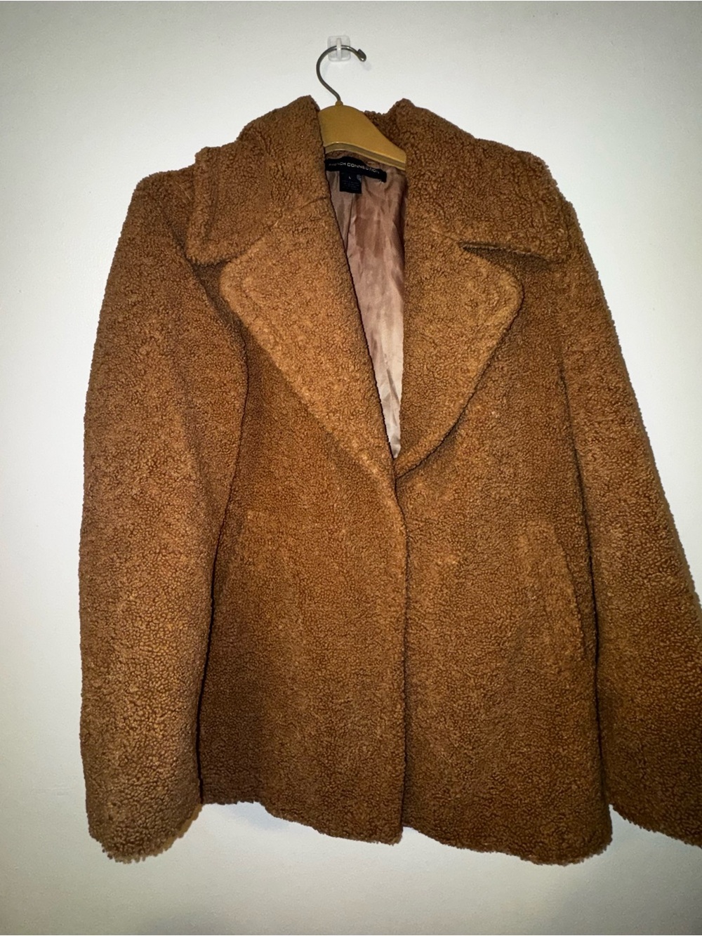 French Connection Teddy Coat Camel Brown Button Front Sherpa Faux Fur